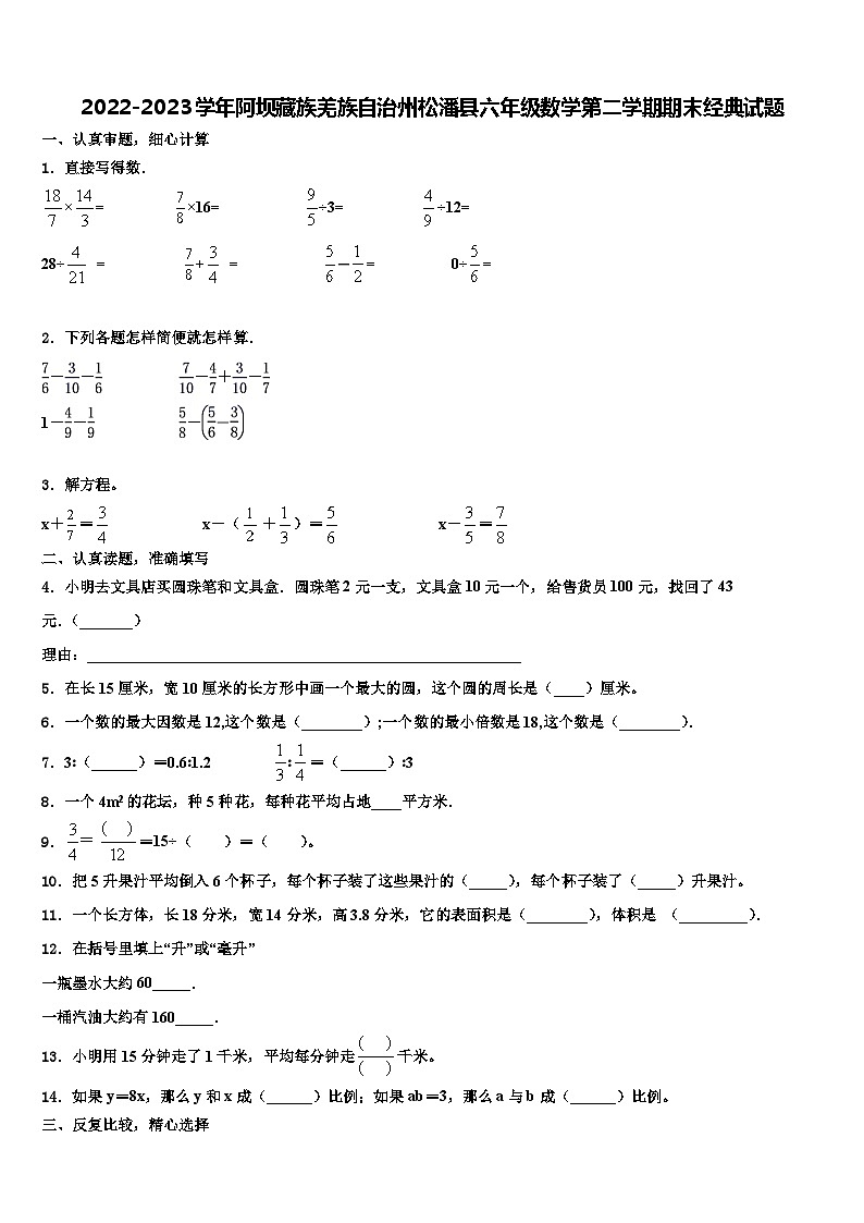 2022-2023学年阿坝藏族羌族自治州松潘县六年级数学第二学期期末经典试题含解析01