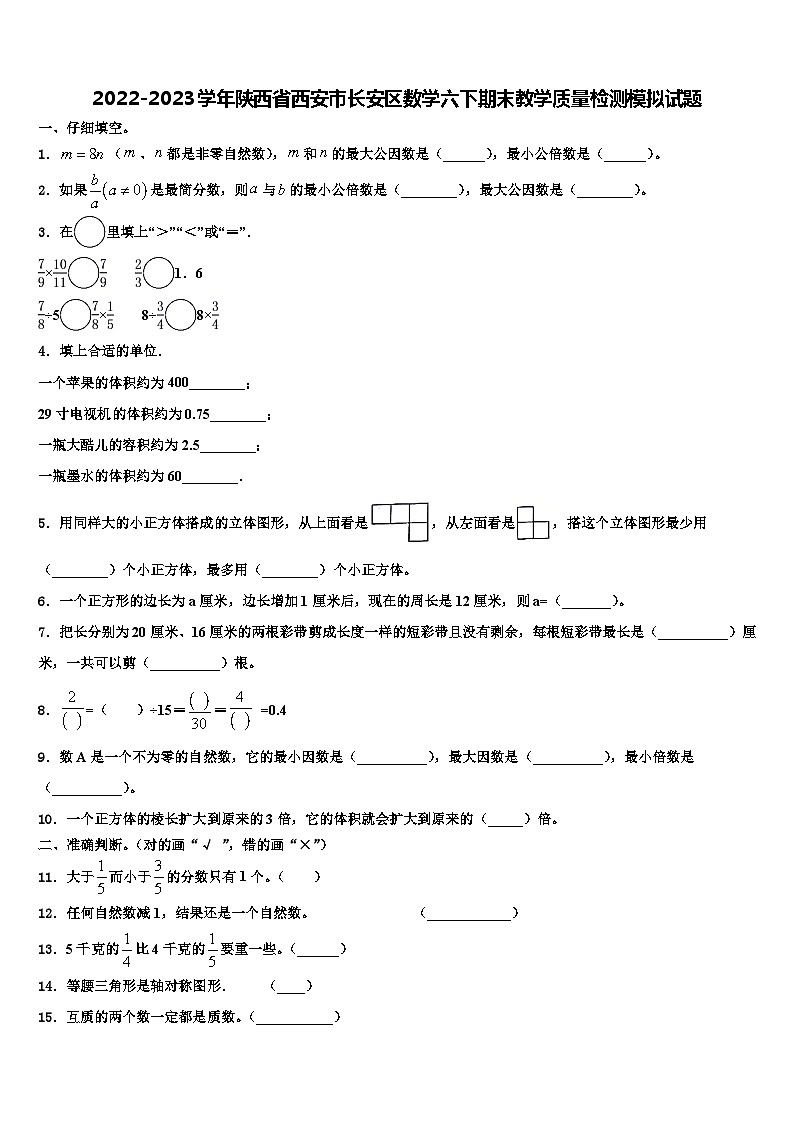 2022-2023学年陕西省西安市长安区数学六下期末教学质量检测模拟试题含解析01