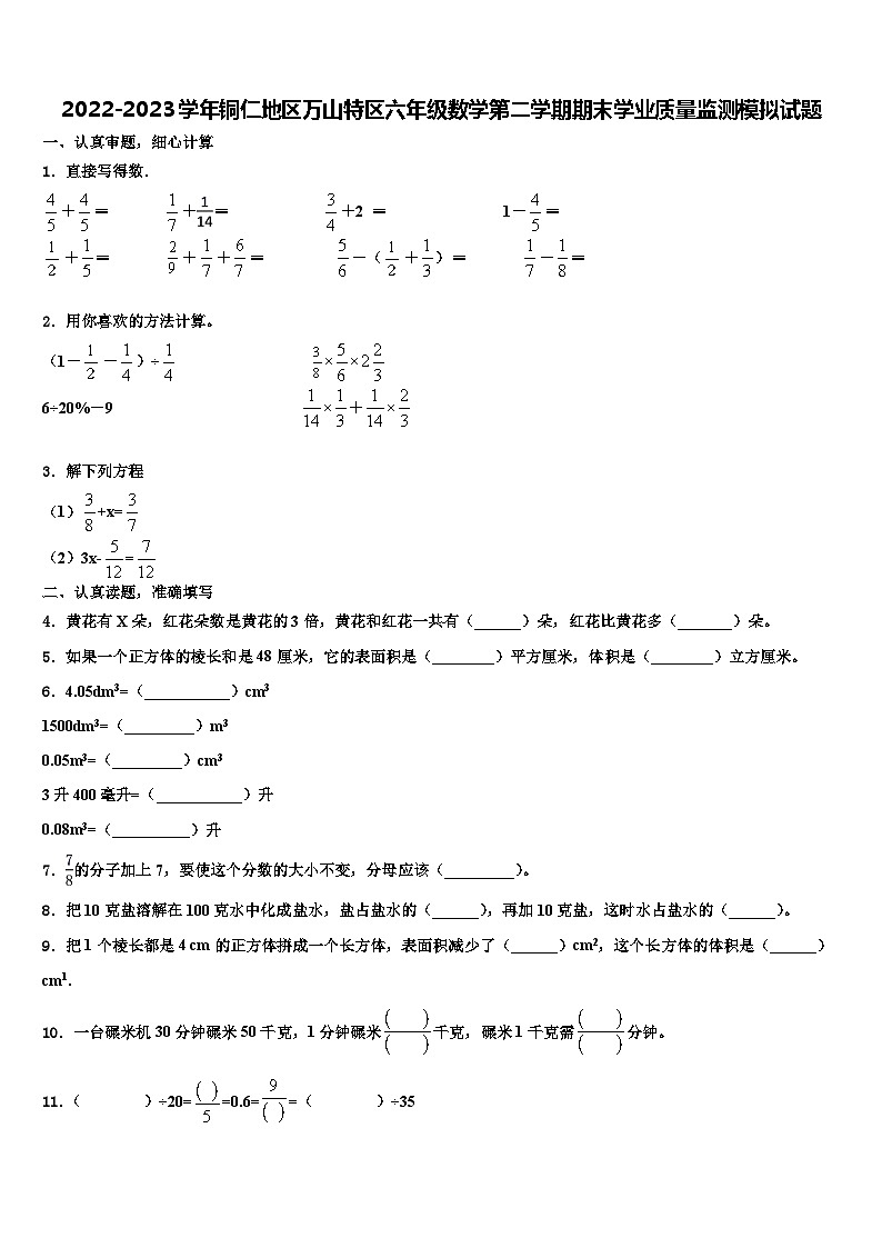2022-2023学年铜仁地区万山特区六年级数学第二学期期末学业质量监测模拟试题含解析第1页