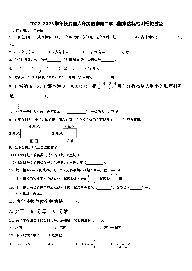 2022-2023学年长岭县六年级数学第二学期期末达标检测模拟试题含解析第1页