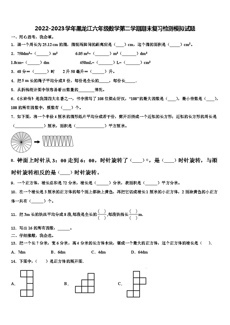 2022-2023学年黑龙江六年级数学第二学期期末复习检测模拟试题含解析第1页