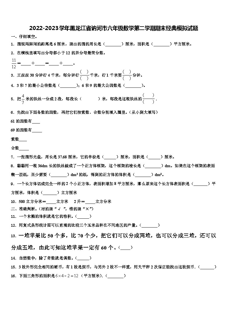 2022-2023学年黑龙江省讷河市六年级数学第二学期期末经典模拟试题含解析01