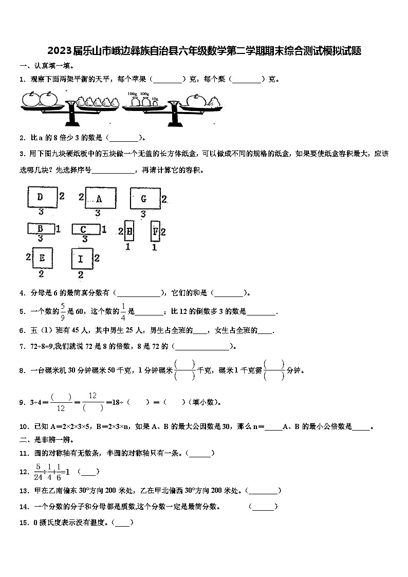 2023届乐山市峨边彝族自治县六年级数学第二学期期末综合测试模拟试题含解析01