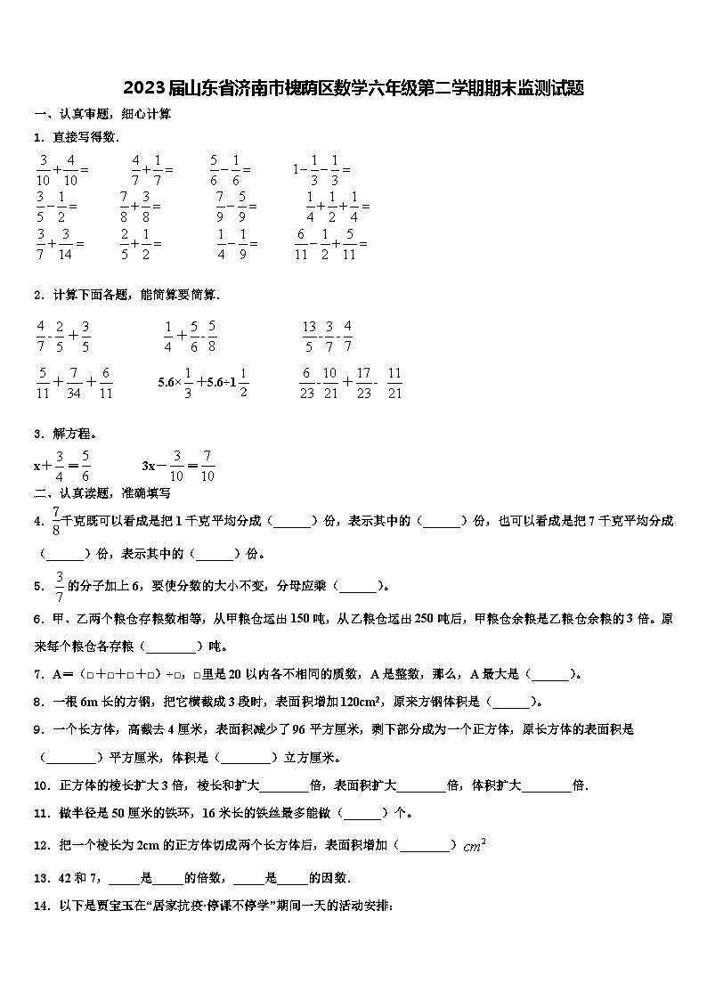 2023届山东省济南市槐荫区数学六年级第二学期期末监测试题含解析01