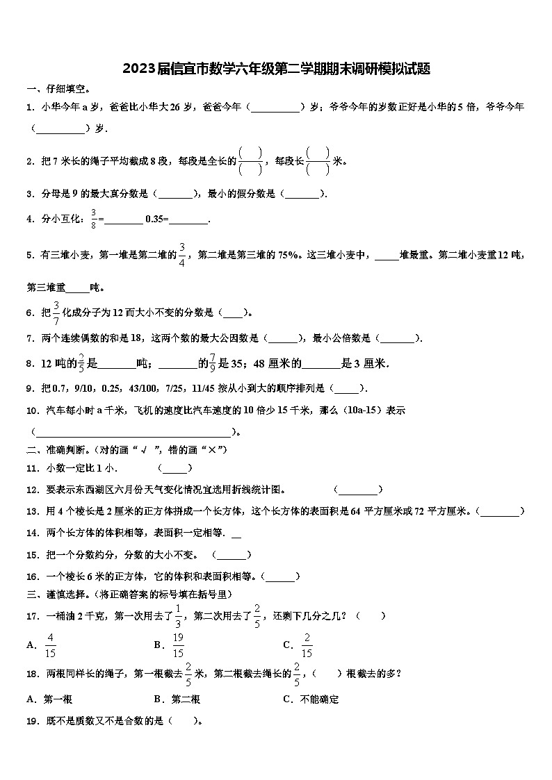 2023届信宜市数学六年级第二学期期末调研模拟试题含解析第1页