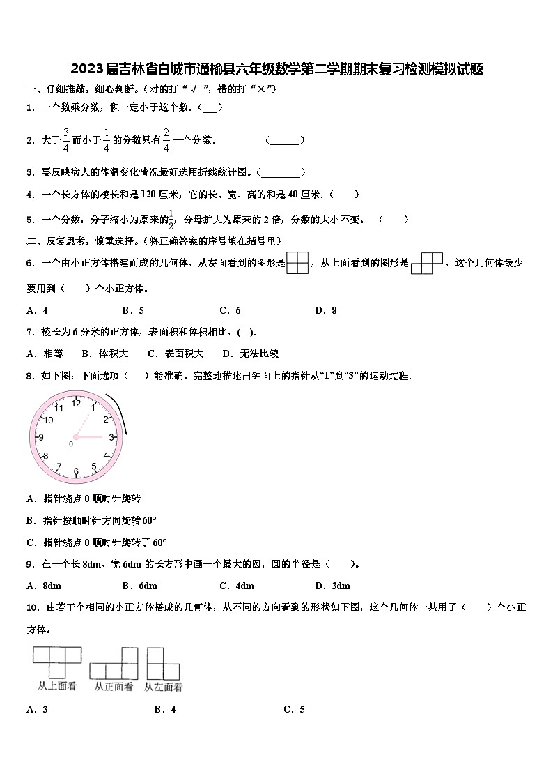2023届吉林省白城市通榆县六年级数学第二学期期末复习检测模拟试题含解析01