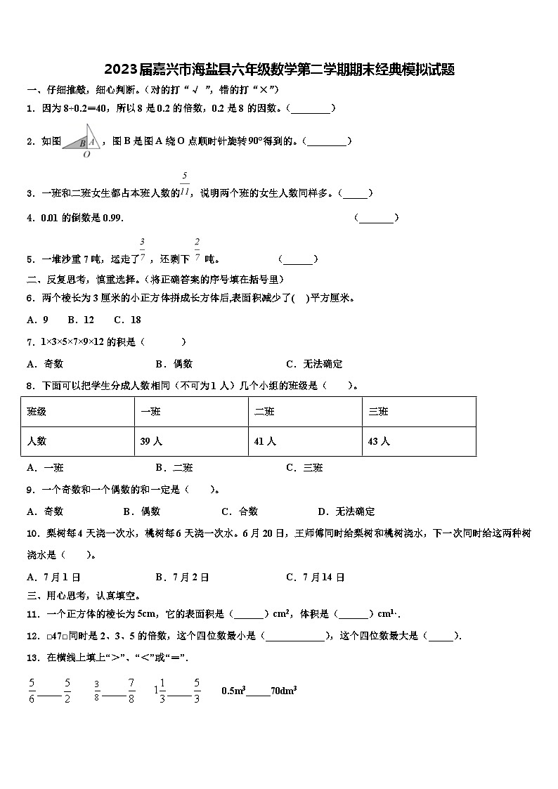 2023届嘉兴市海盐县六年级数学第二学期期末经典模拟试题含解析01