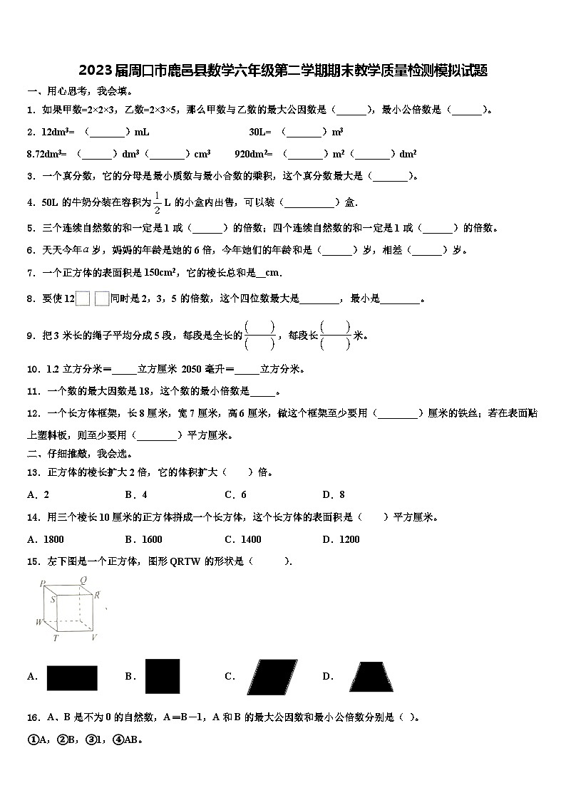 2023届周口市鹿邑县数学六年级第二学期期末教学质量检测模拟试题含解析01