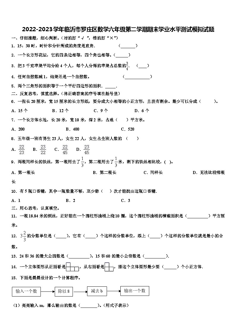 2022-2023学年临沂市罗庄区数学六年级第二学期期末学业水平测试模拟试题含解析第1页