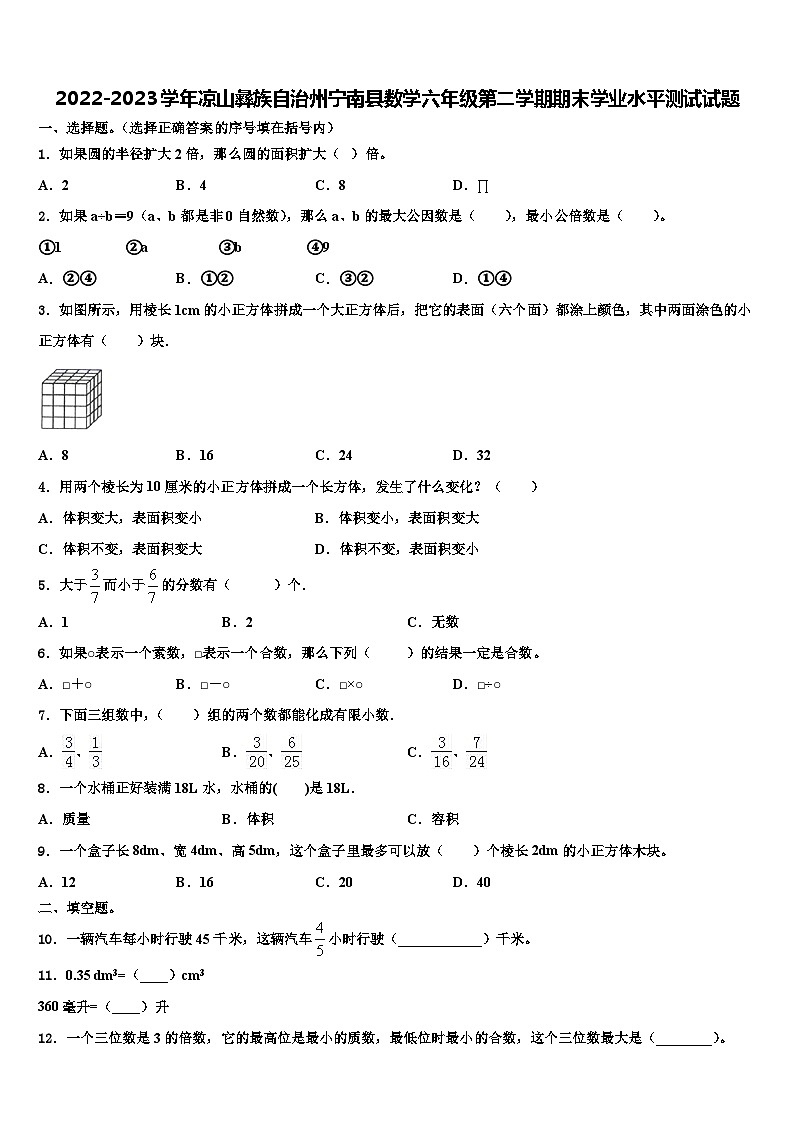 2022-2023学年凉山彝族自治州宁南县数学六年级第二学期期末学业水平测试试题含解析第1页