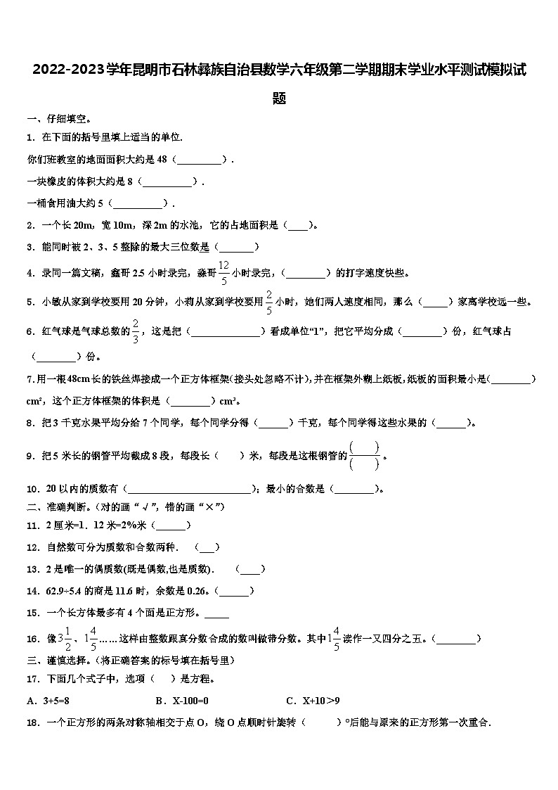 2022-2023学年昆明市石林彝族自治县数学六年级第二学期期末学业水平测试模拟试题含解析01