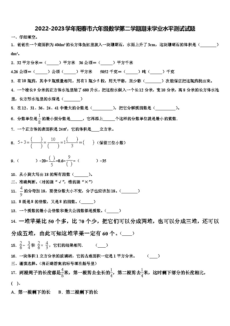 2022-2023学年阳春市六年级数学第二学期期末学业水平测试试题含解析第1页