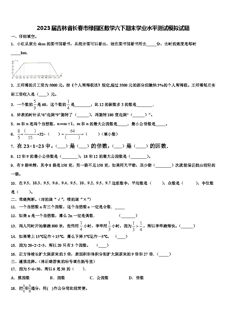2023届吉林省长春市绿园区数学六下期末学业水平测试模拟试题含解析01