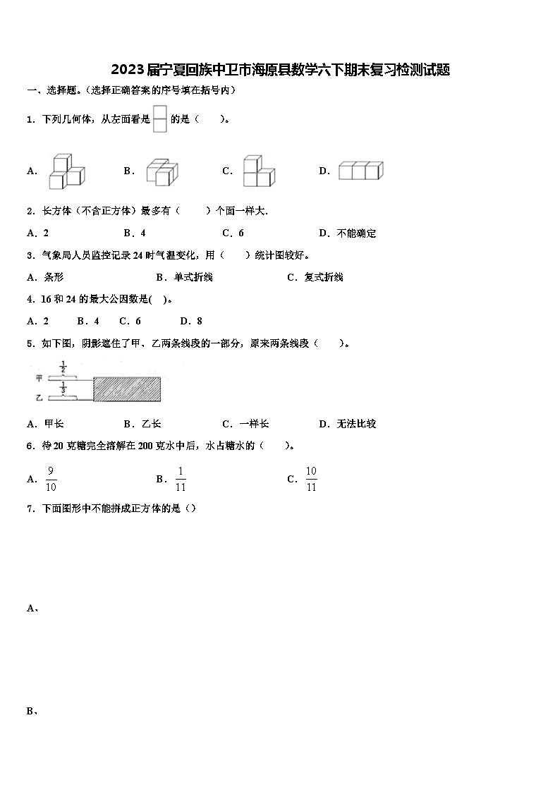 2023届宁夏回族中卫市海原县数学六下期末复习检测试题含解析01