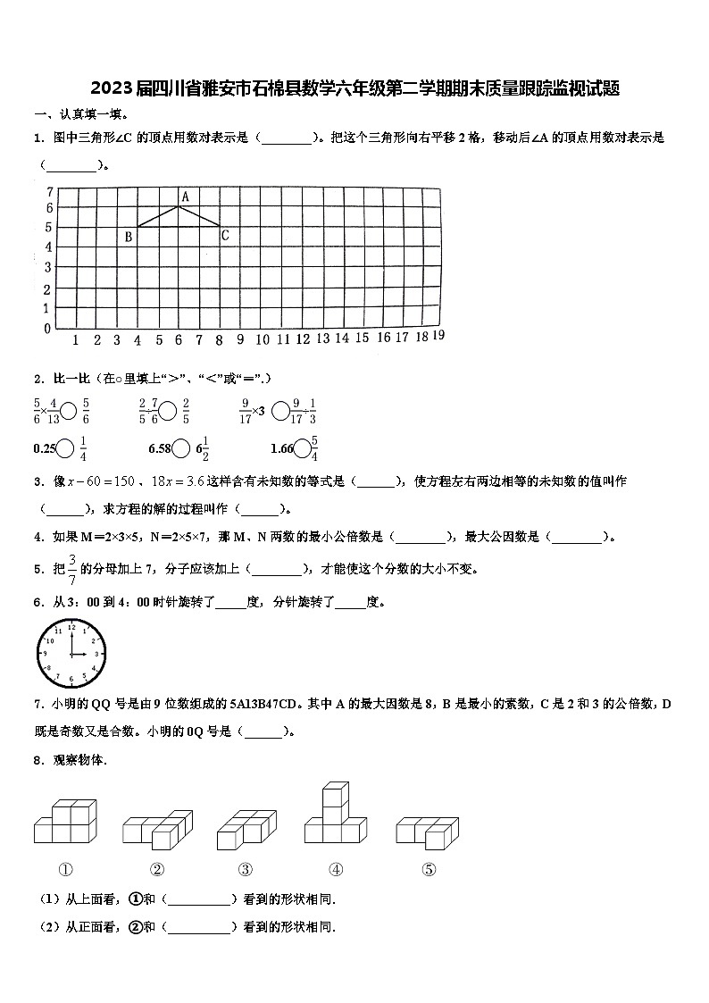 2023届四川省雅安市石棉县数学六年级第二学期期末质量跟踪监视试题含解析第1页