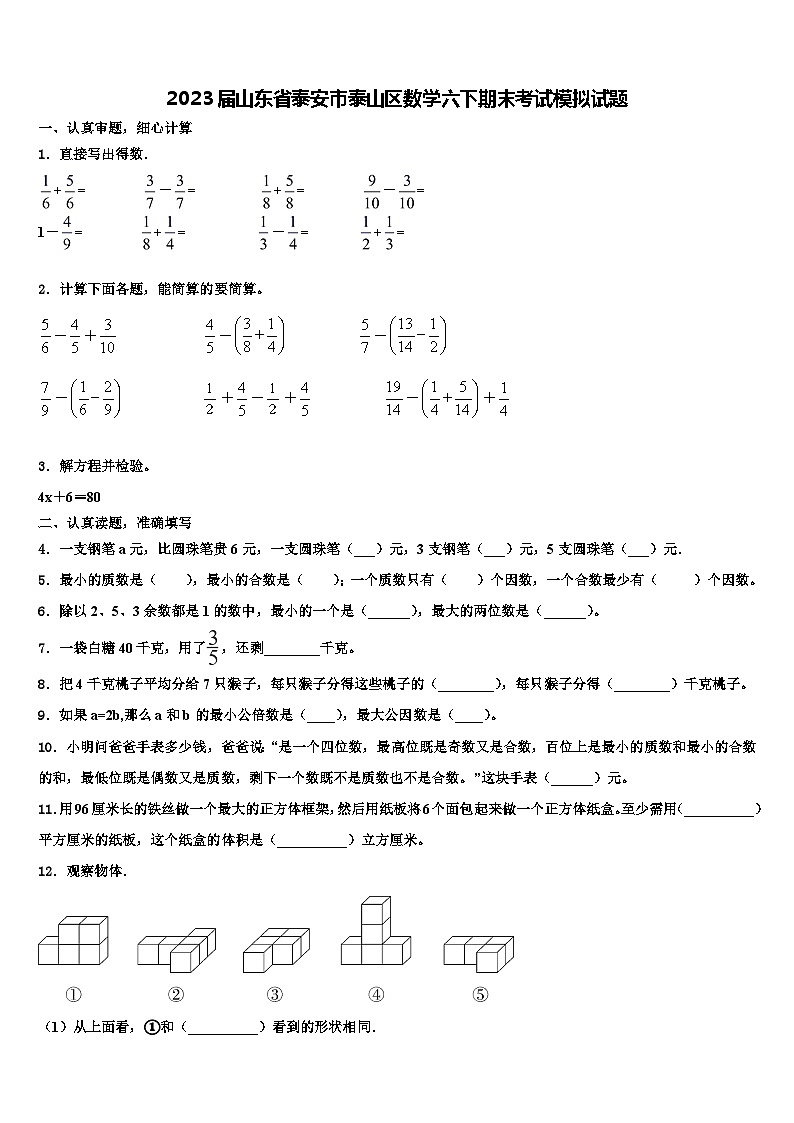 2023届山东省泰安市泰山区数学六下期末考试模拟试题含解析01