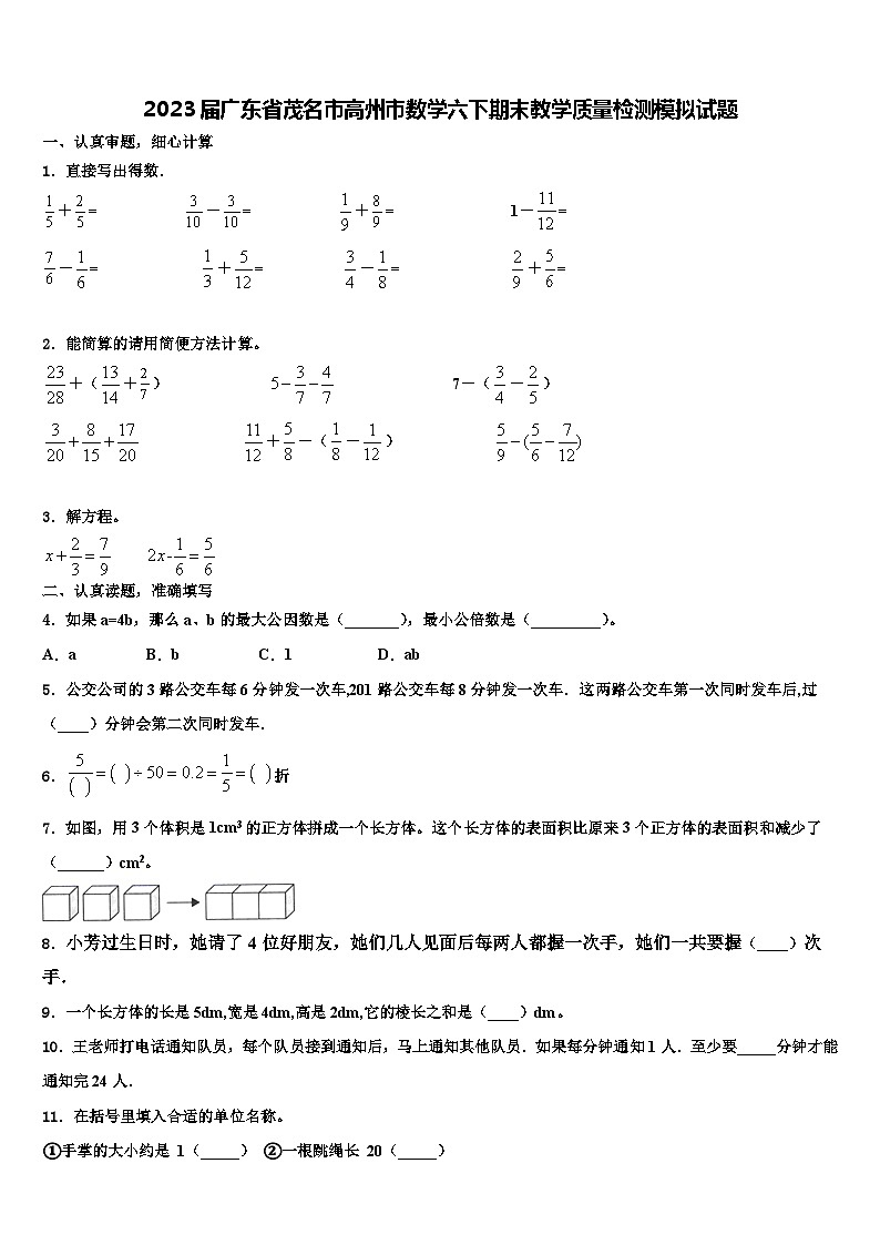 2023届广东省茂名市高州市数学六下期末教学质量检测模拟试题含解析01