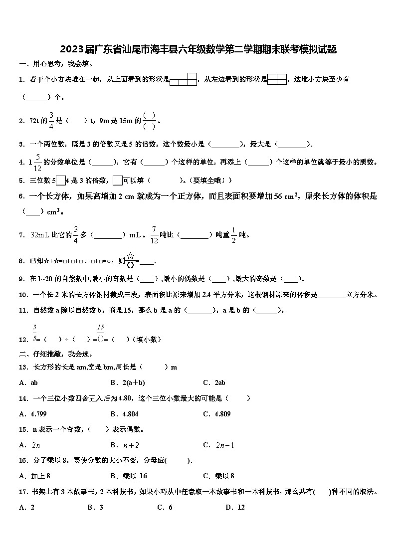 2023届广东省汕尾市海丰县六年级数学第二学期期末联考模拟试题含解析01