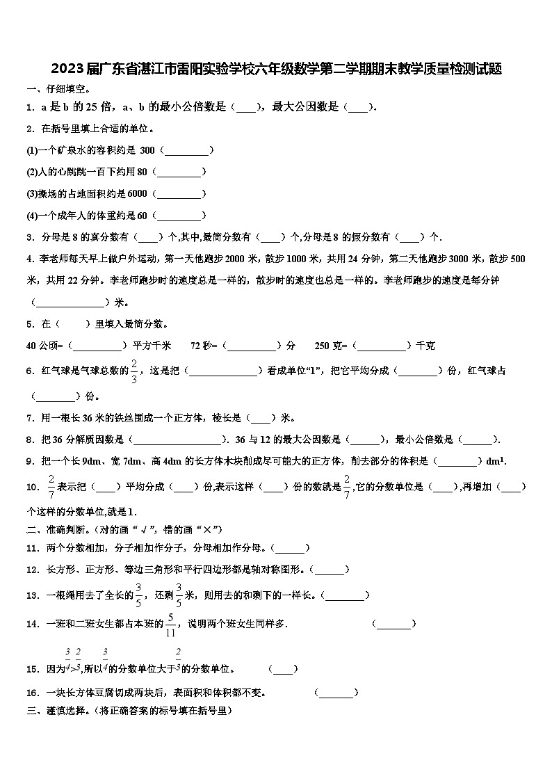 2023届广东省湛江市雷阳实验学校六年级数学第二学期期末教学质量检测试题含解析01