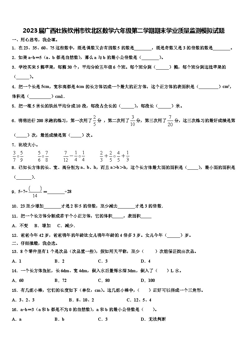 2023届广西壮族钦州市钦北区数学六年级第二学期期末学业质量监测模拟试题含解析01