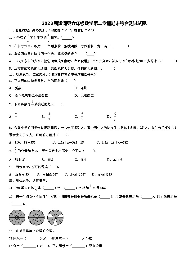 2023届建湖县六年级数学第二学期期末综合测试试题含解析01