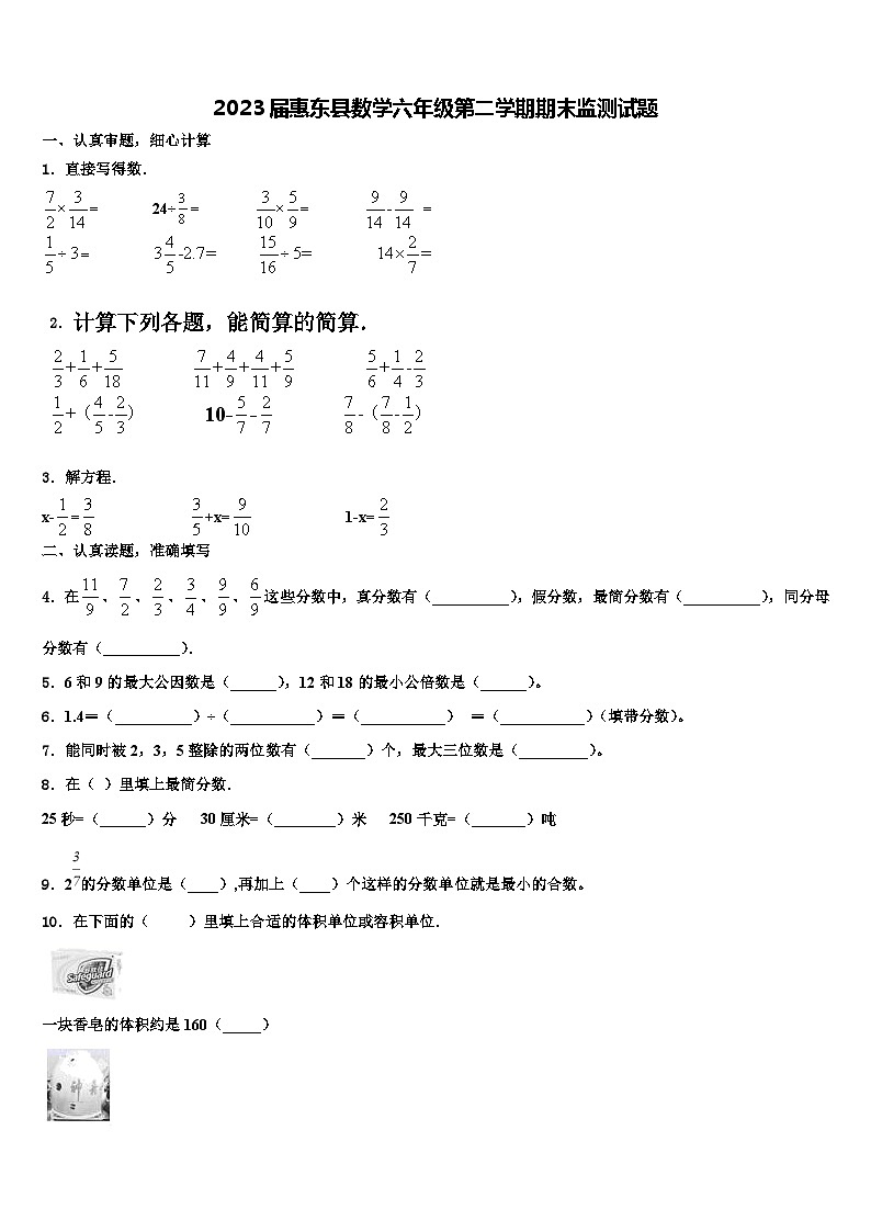 2023届惠东县数学六年级第二学期期末监测试题含解析第1页