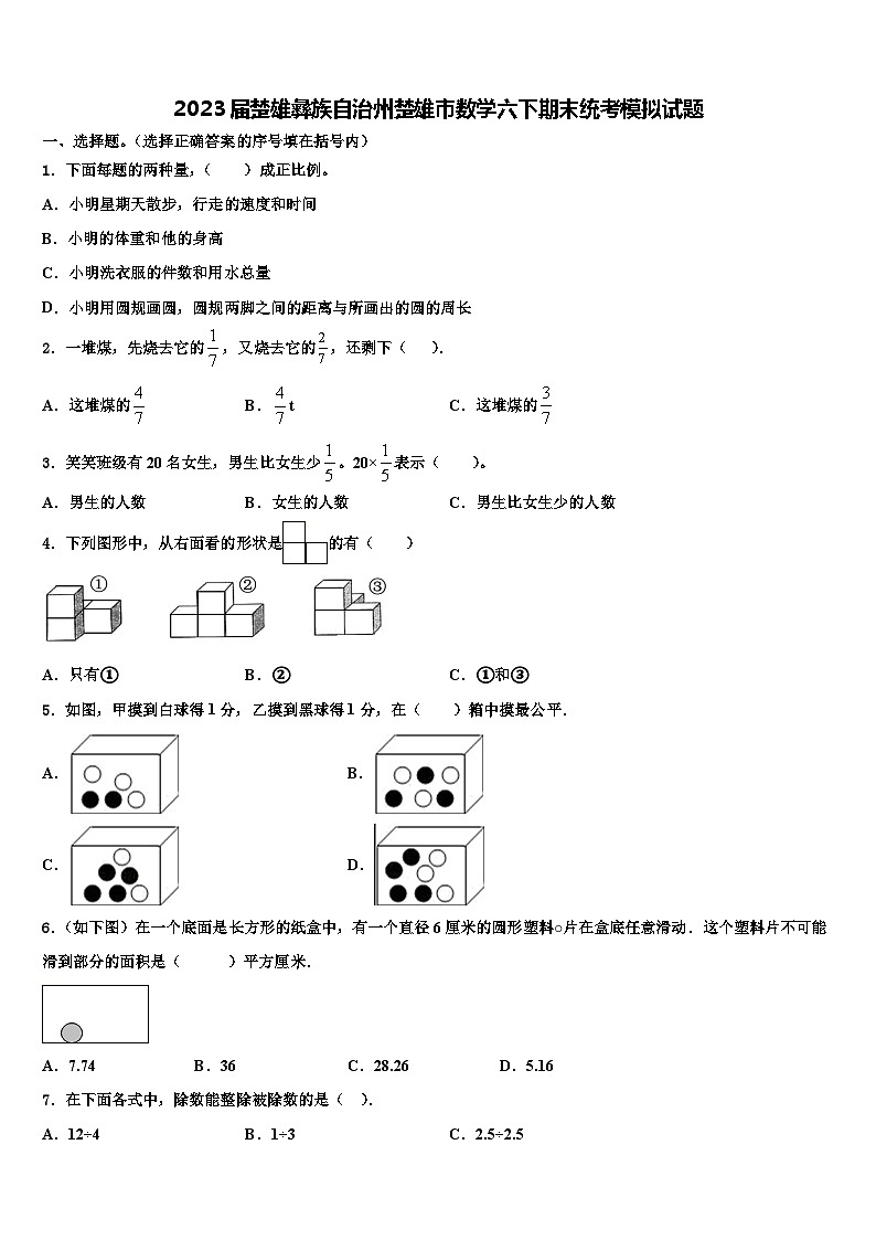 2023届楚雄彝族自治州楚雄市数学六下期末统考模拟试题含解析第1页
