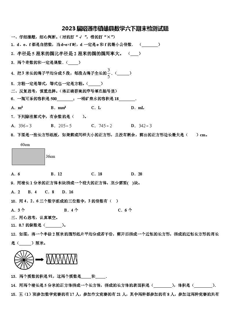 2023届昭通市镇雄县数学六下期末检测试题含解析01
