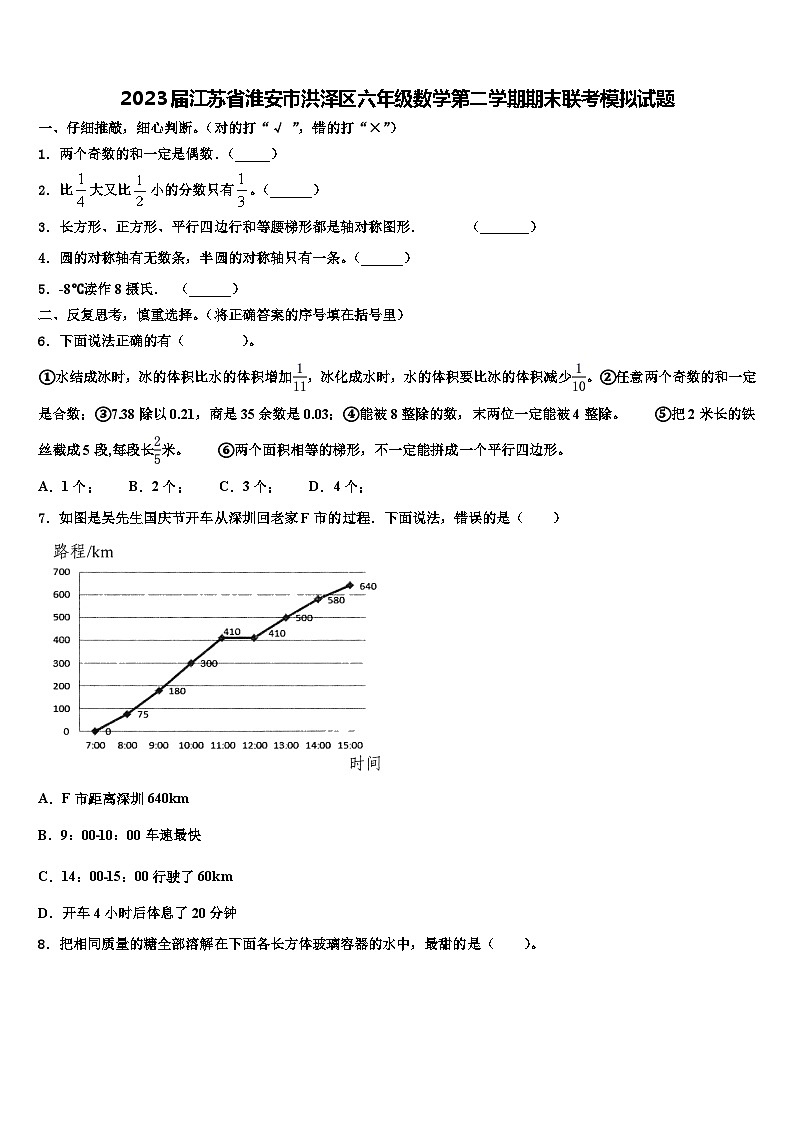 2023届江苏省淮安市洪泽区六年级数学第二学期期末联考模拟试题含解析01