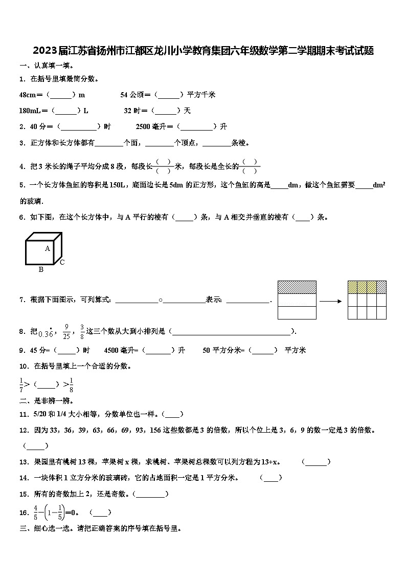 2023届江苏省扬州市江都区龙川小学教育集团六年级数学第二学期期末考试试题含解析01