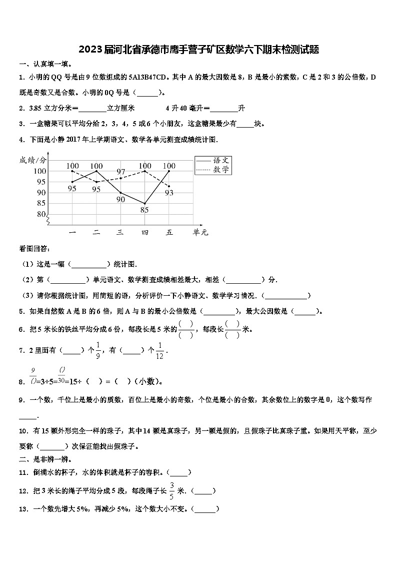 2023届河北省承德市鹰手营子矿区数学六下期末检测试题含解析第1页