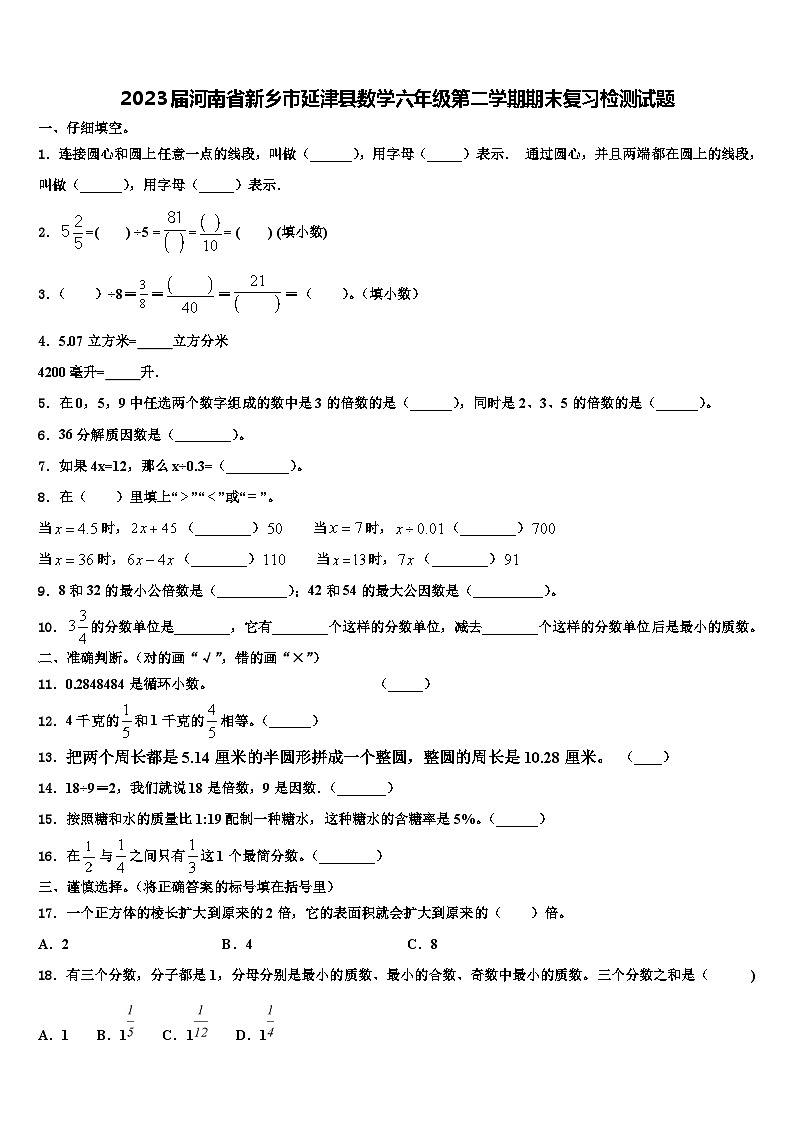 2023届河南省新乡市延津县数学六年级第二学期期末复习检测试题含解析第1页