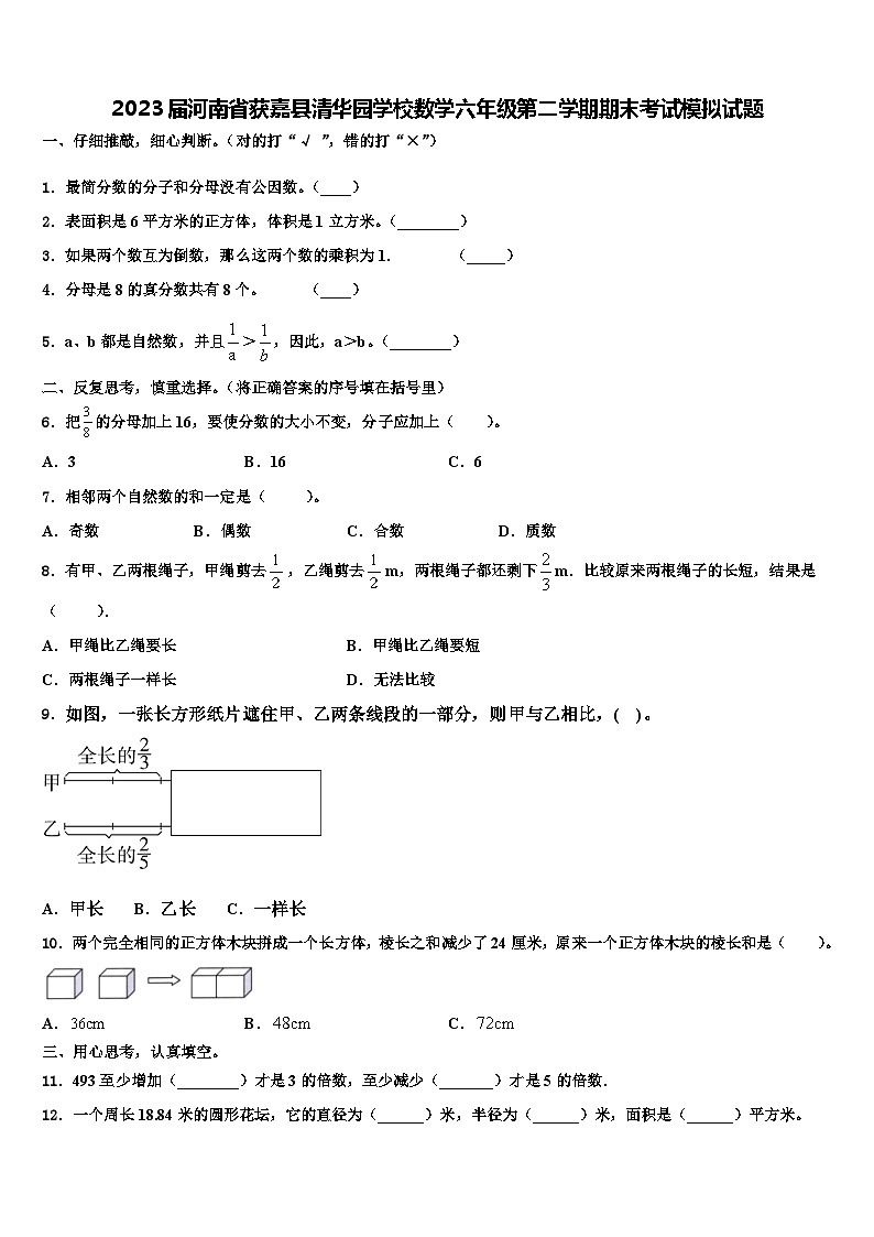 2023届河南省获嘉县清华园学校数学六年级第二学期期末考试模拟试题含解析第1页