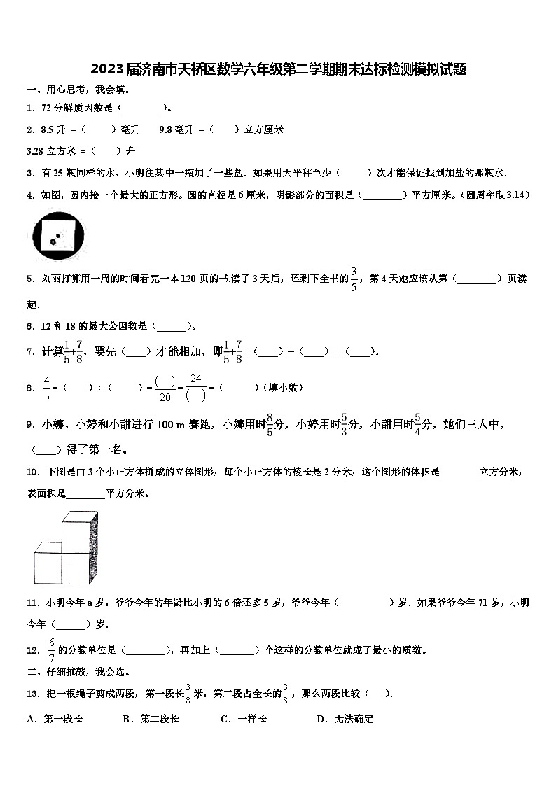 2023届济南市天桥区数学六年级第二学期期末达标检测模拟试题含解析01