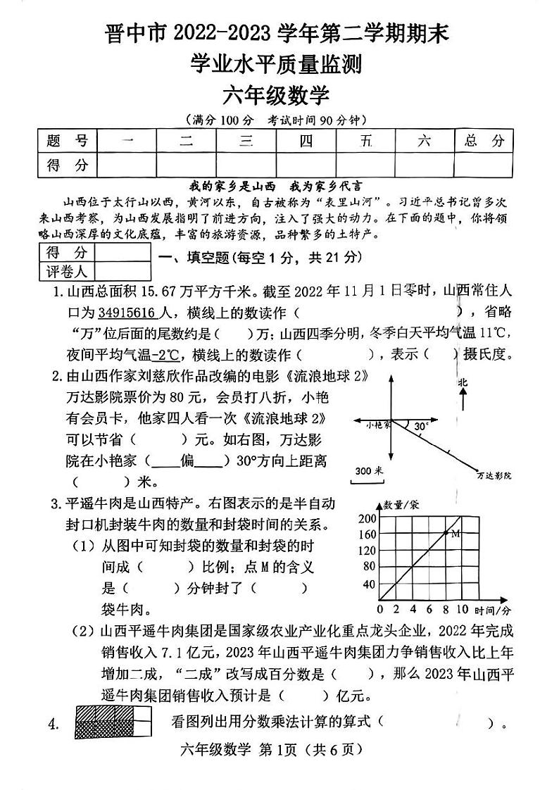 山西省晋中市2022-2023学年六年级下学期期末考试数学试题01