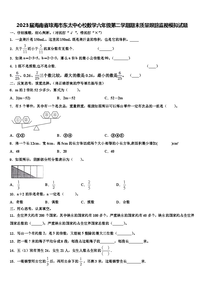 2023届海南省琼海市东太中心校数学六年级第二学期期末质量跟踪监视模拟试题含解析01