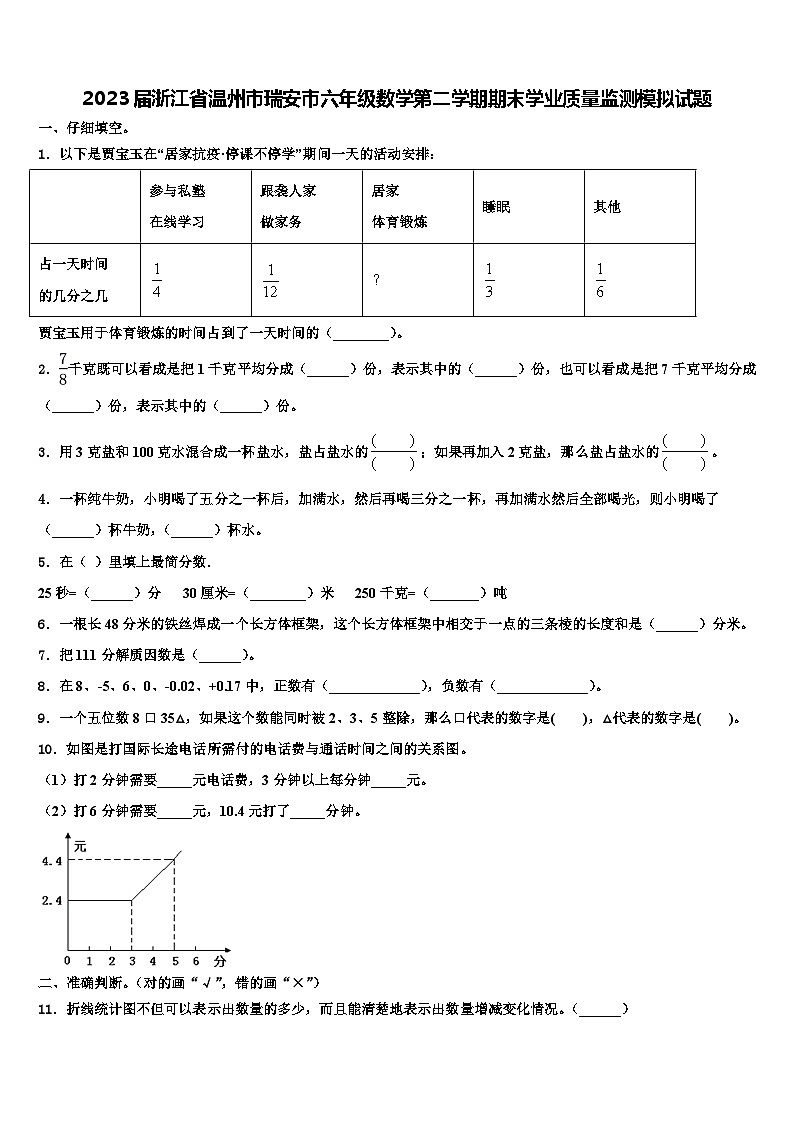2023届浙江省温州市瑞安市六年级数学第二学期期末学业质量监测模拟试题含解析01