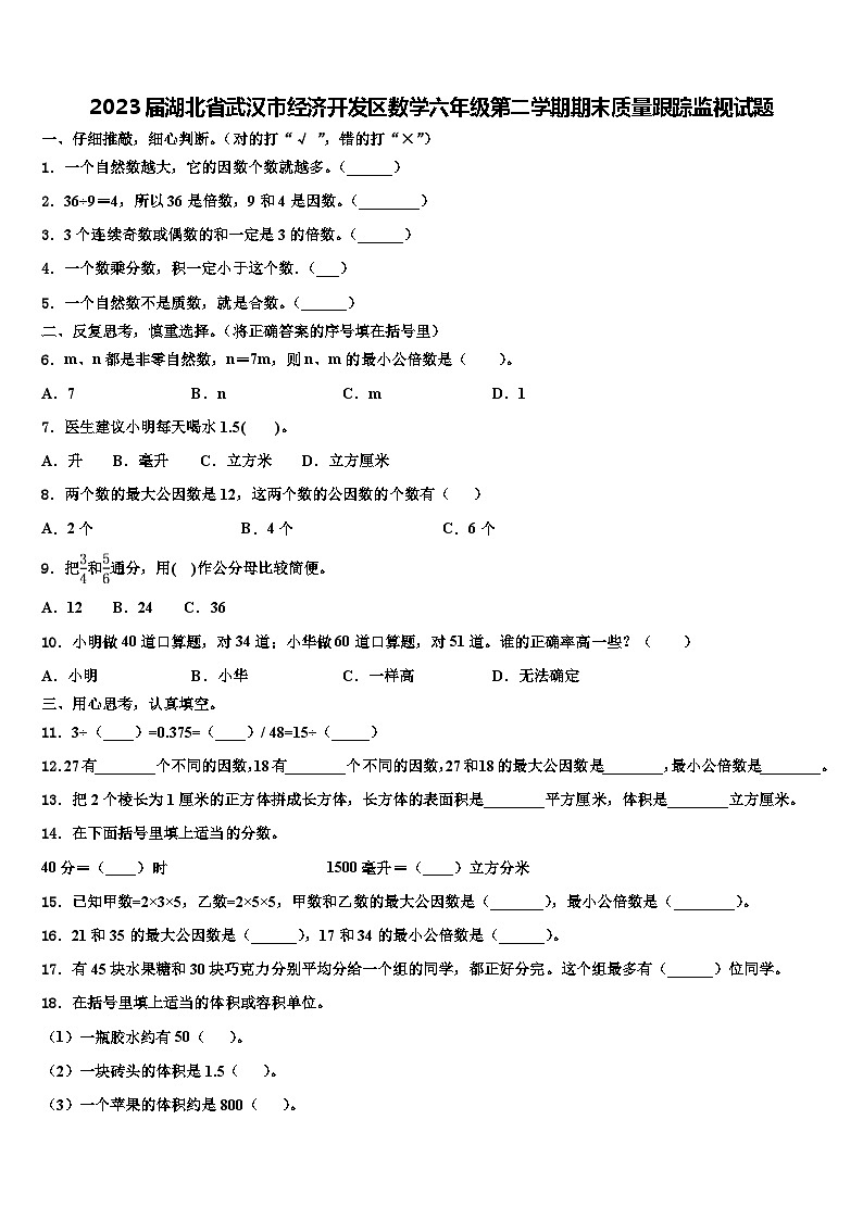 2023届湖北省武汉市经济开发区数学六年级第二学期期末质量跟踪监视试题含解析01