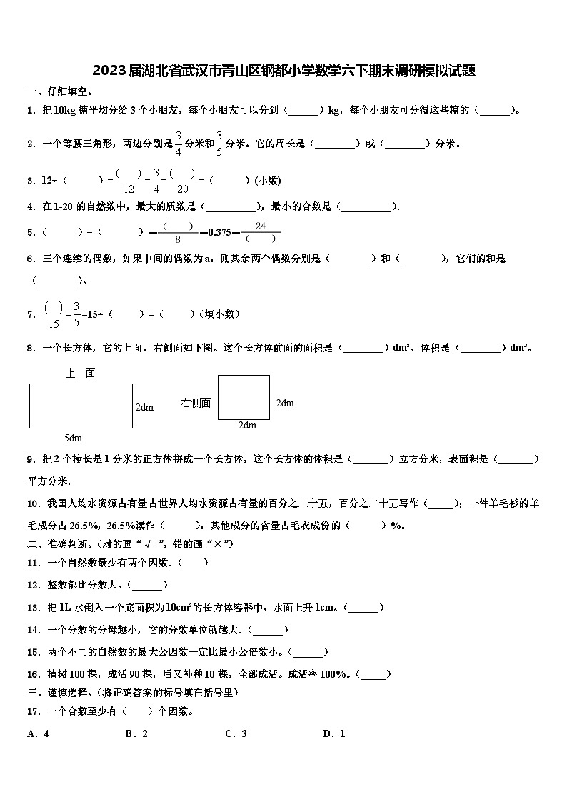 2023届湖北省武汉市青山区钢都小学数学六下期末调研模拟试题含解析01