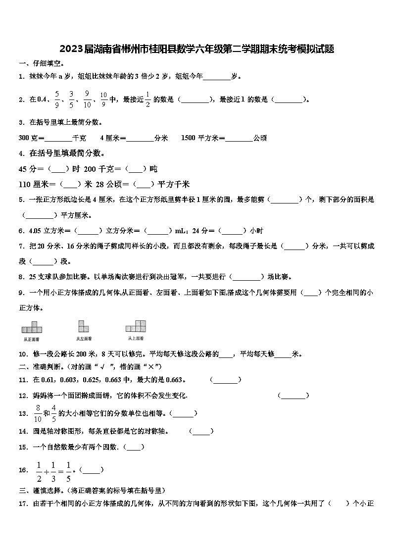 2023届湖南省郴州市桂阳县数学六年级第二学期期末统考模拟试题含解析01