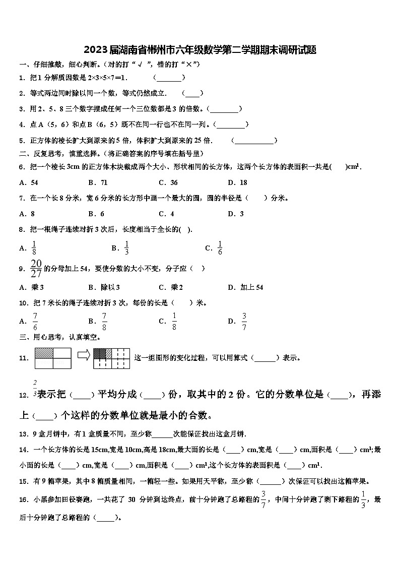 2023届湖南省郴州市六年级数学第二学期期末调研试题含解析第1页