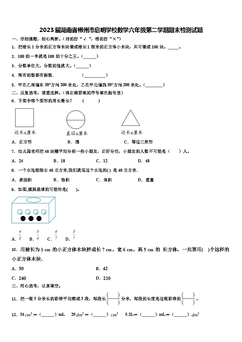 2023届湖南省郴州市启明学校数学六年级第二学期期末检测试题含解析01