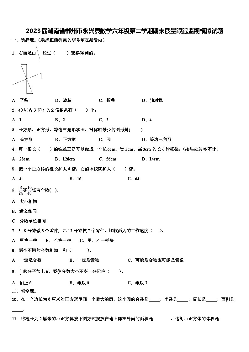 2023届湖南省郴州市永兴县数学六年级第二学期期末质量跟踪监视模拟试题含解析第1页