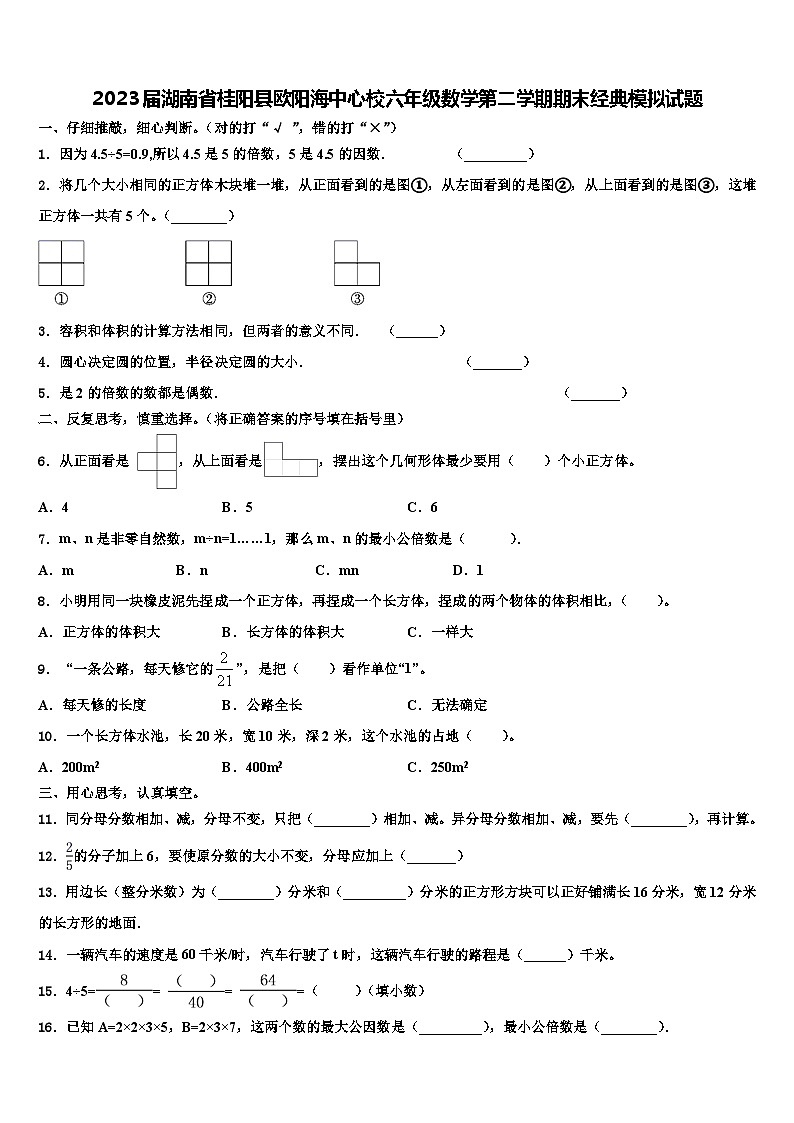 2023届湖南省桂阳县欧阳海中心校六年级数学第二学期期末经典模拟试题含解析第1页