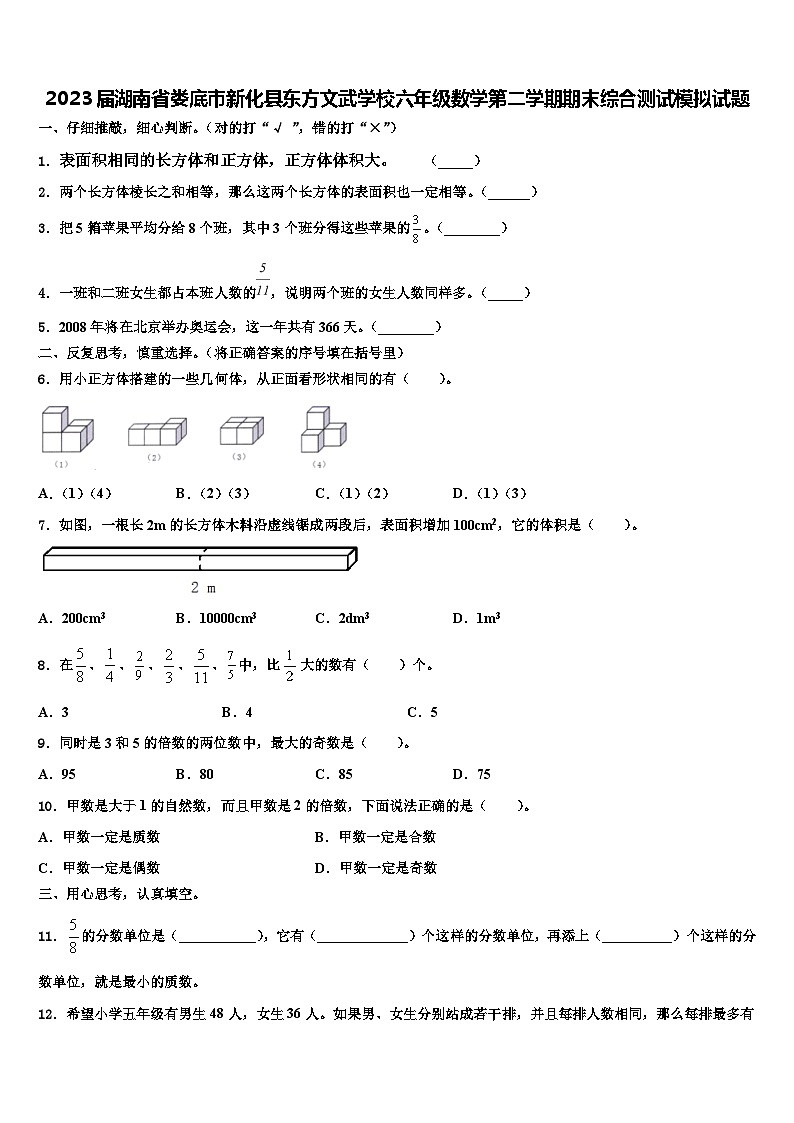 2023届湖南省娄底市新化县东方文武学校六年级数学第二学期期末综合测试模拟试题含解析01