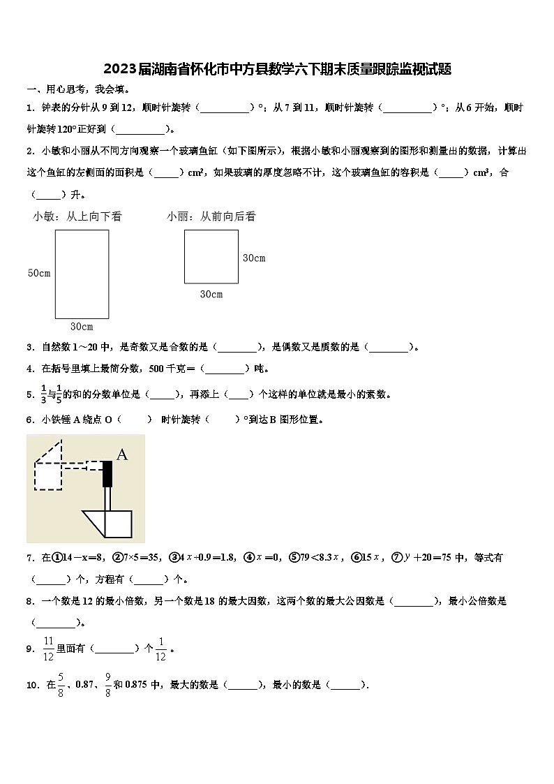 2023届湖南省怀化市中方县数学六下期末质量跟踪监视试题含解析第1页