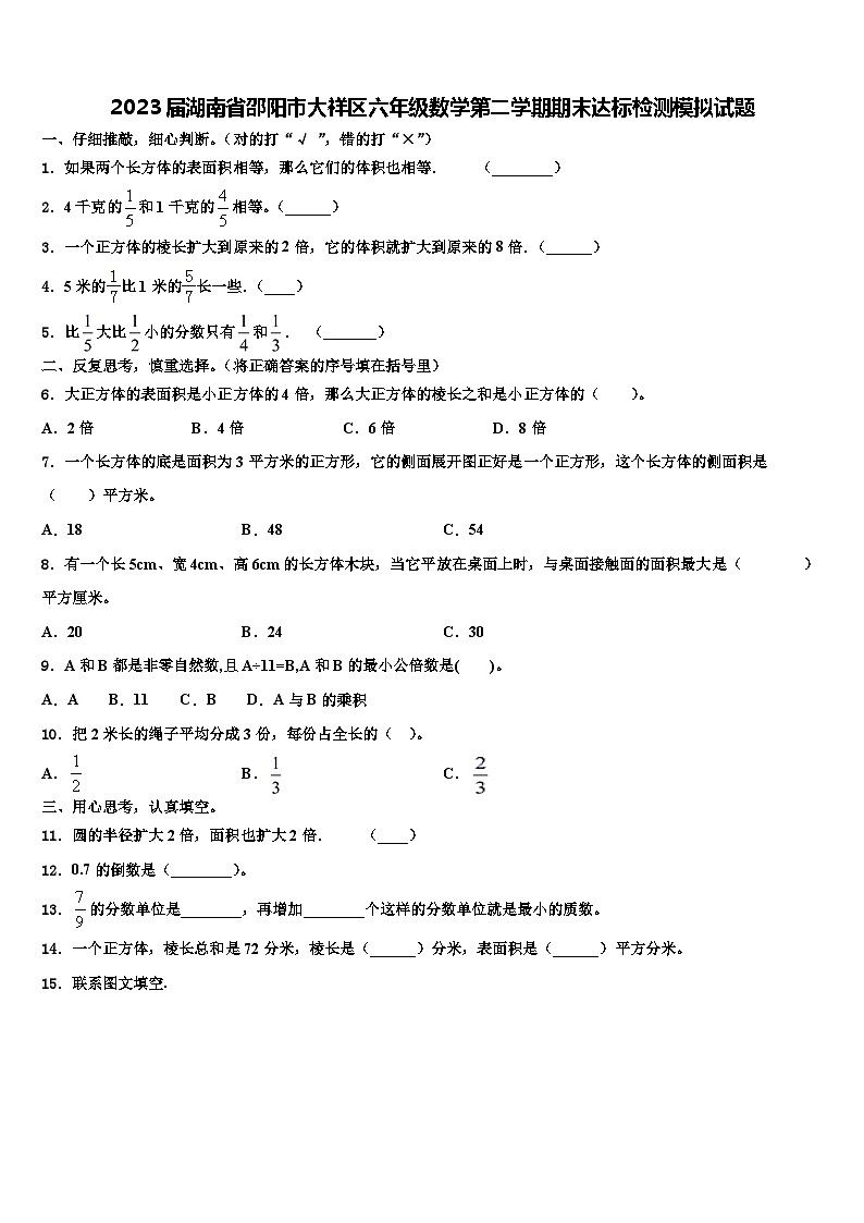 2023届湖南省邵阳市大祥区六年级数学第二学期期末达标检测模拟试题含解析01