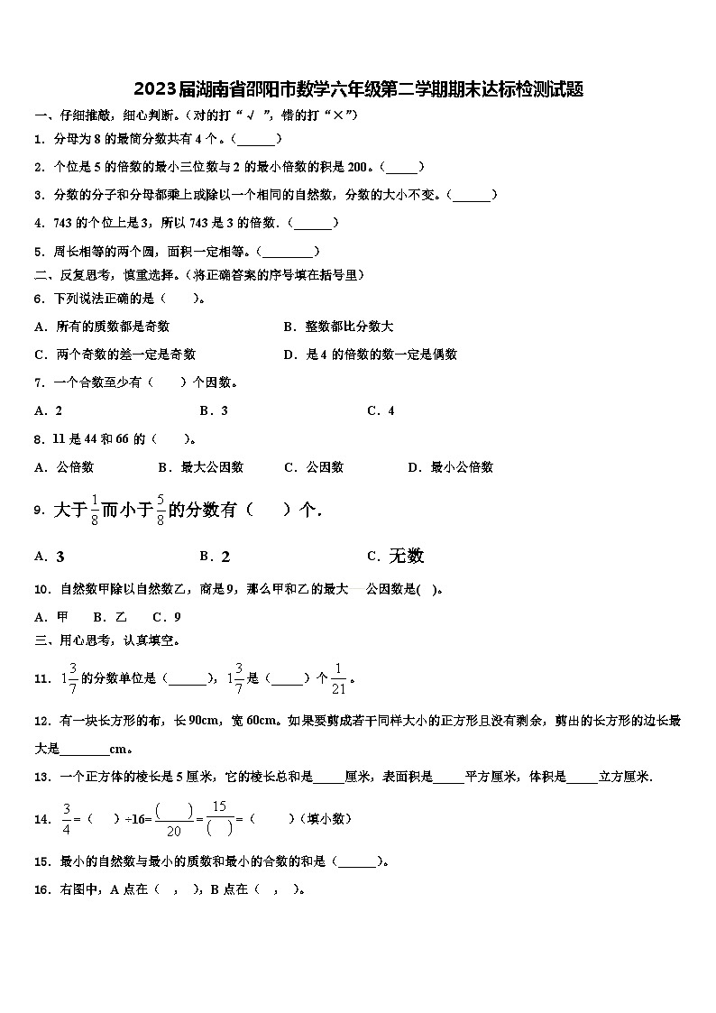 2023届湖南省邵阳市数学六年级第二学期期末达标检测试题含解析第1页
