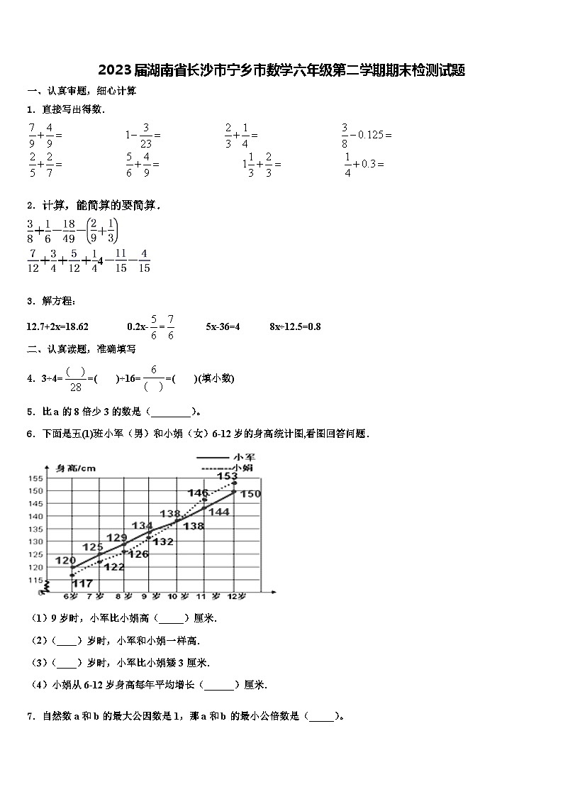 2023届湖南省长沙市宁乡市数学六年级第二学期期末检测试题含解析第1页