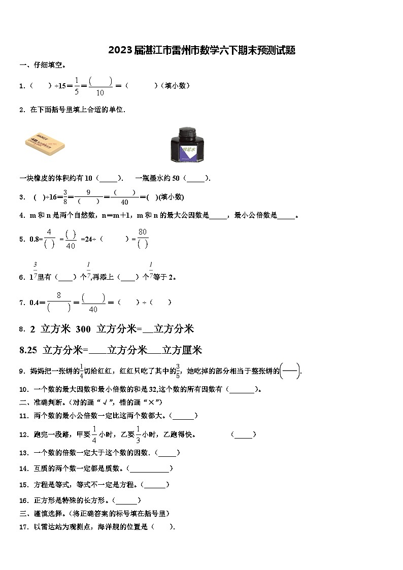 2023届湛江市雷州市数学六下期末预测试题含解析第1页